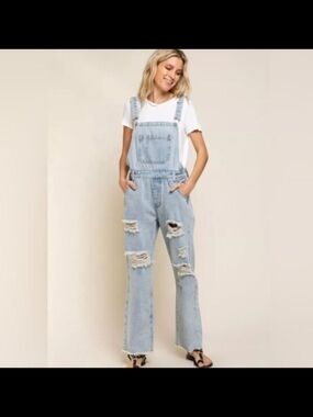 POL Light Blue Distressed Denim Overalls for Women Small